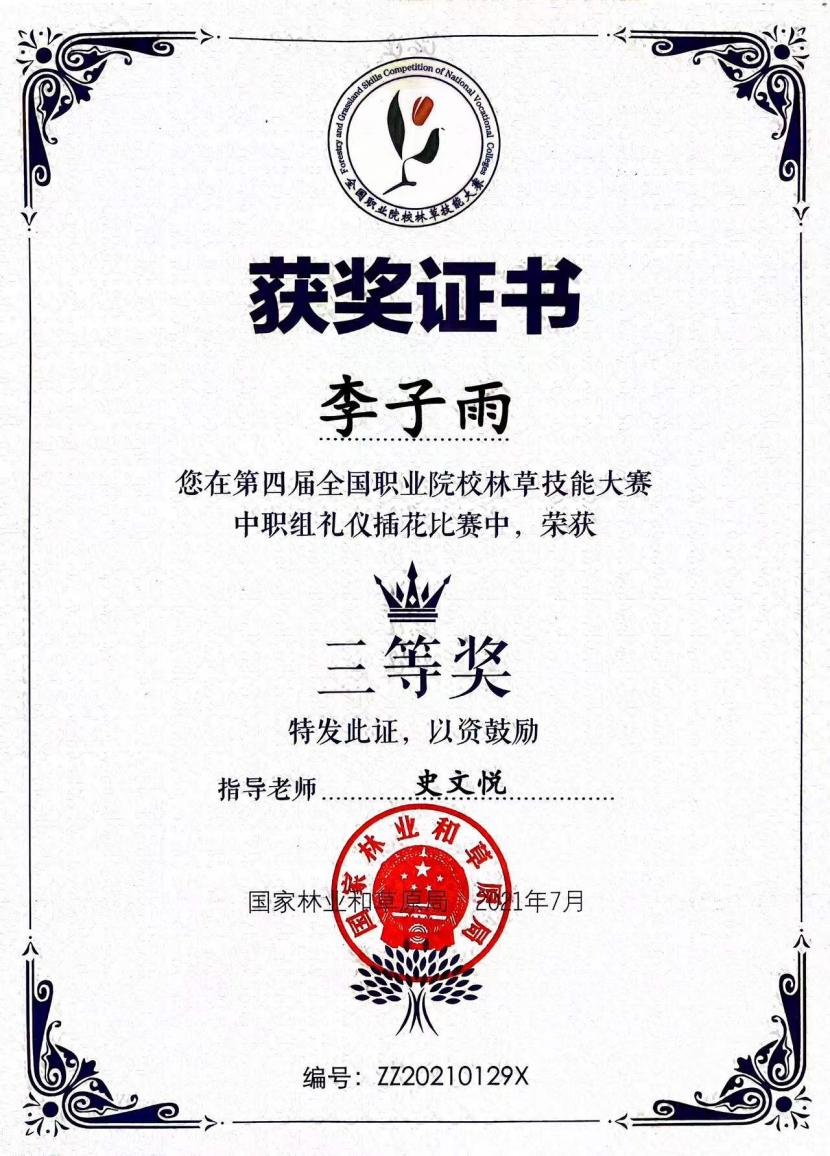 全国职业技能大赛插花三等奖指导教师