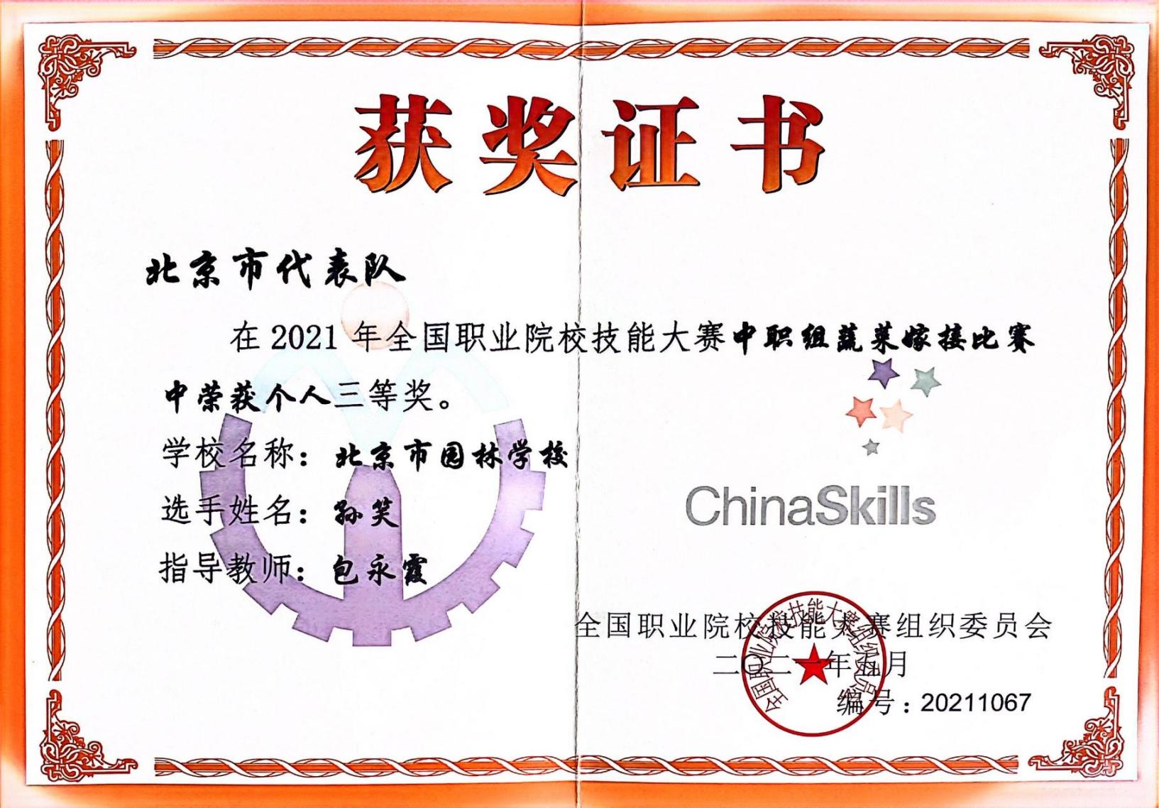 2021全国职业技能大赛三等奖指导教师